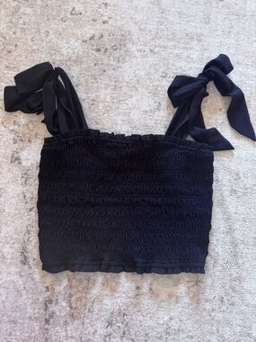 Altar’d State Black Smocked Crop Top Tie Strap Ruffle Summer Tank